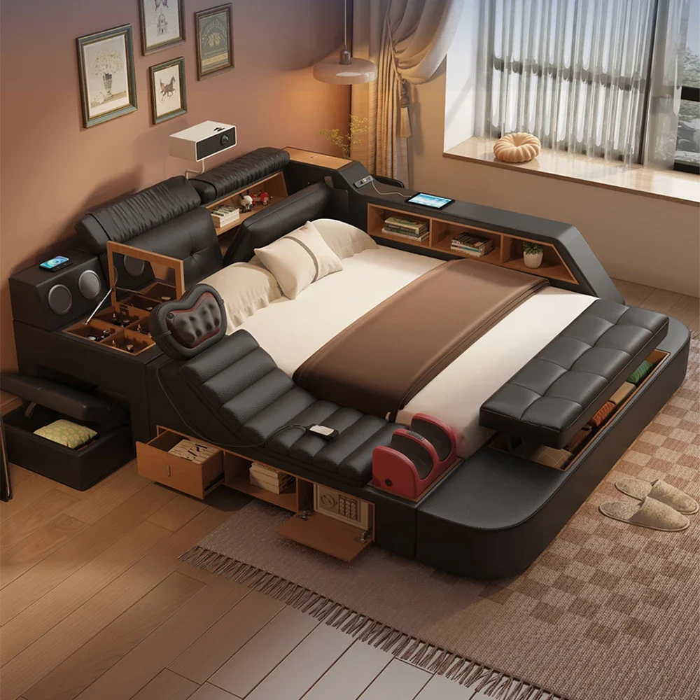 Luxury Tech Smart Multifunctional Bed with Massage Chair, Bluetooth Speakers, Projector, USB – Modern Upholstered King Size Bed