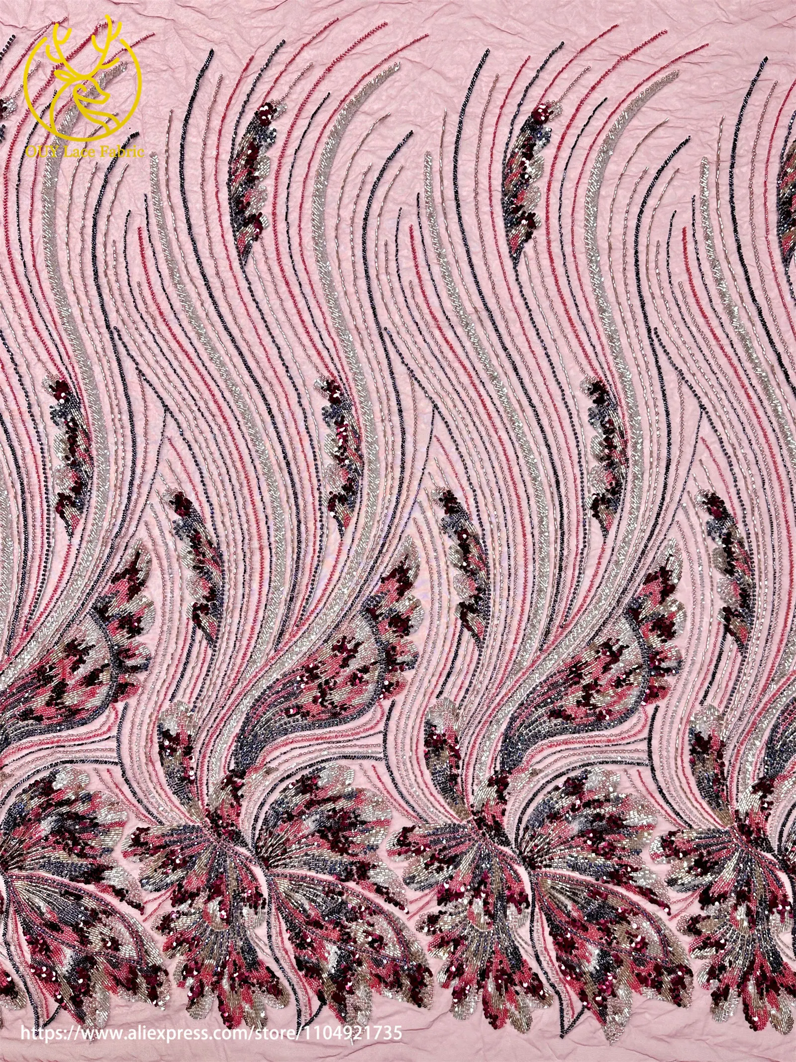 Kain Brokat Prancis Mewah Desain Baru dengan Payet Tangan, Kain Tulle Bordir Payet Afrika Dubai 2025 untuk Menjahit Gaun