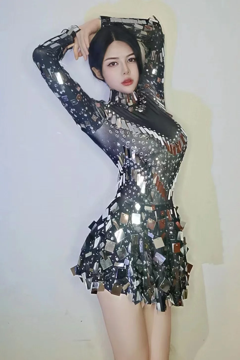 Sparkle Silver Rhinestone Sequins Long Sleeve Mini Dress Women Evening Party Short Dresses Singer Dancer Stage Performance Wear