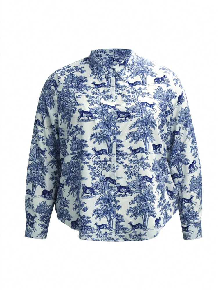 Plus Size Crushed Printed Buttons Casual Shirt Single Row Buttons Home Fashion Elegant Spring and Autumn Best Choice
