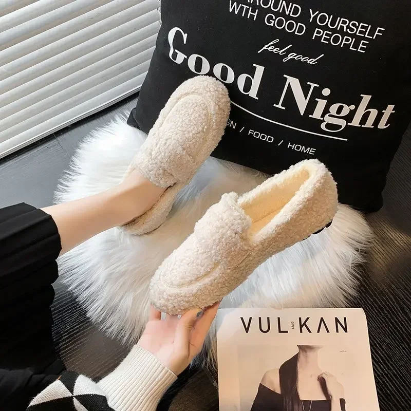 Women\'s Autumn Winter Casual Fashion Lamb Wool Plus Velvet Warm Cotton Flat Loafers Single Shoes Comfortable Ladies Beans Shoes
