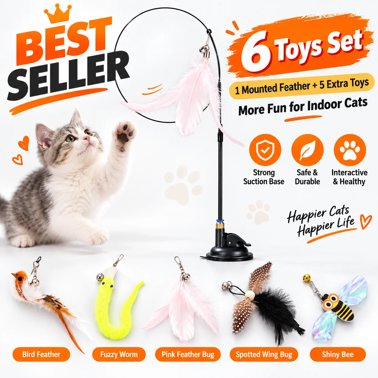 1pc Interactive Suction Cup Cat Wand 6 Toy Heads Feather Teaser Hands-Free Cat Toy Replaceable Attachments for Indoor Cat Kitten