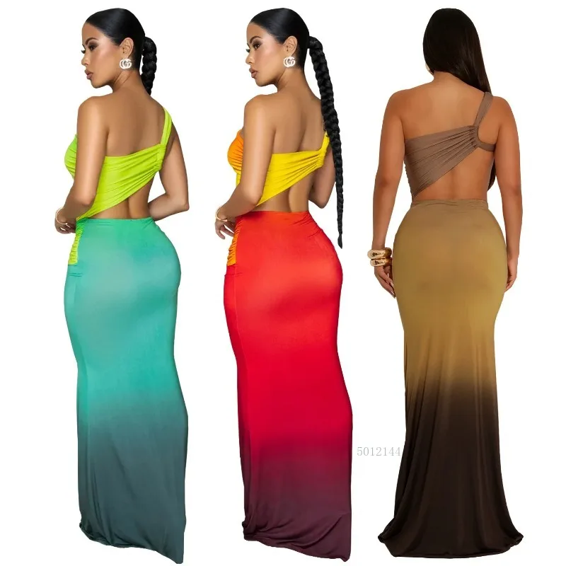 New Elegant Single Piece Hollow Out Tight Dress Women oblique shoulder gradient Sexy Backless Up Party Evening Dress Summer