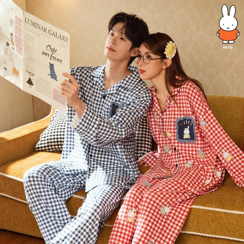 

Пижамы Miffy для пар для мужчин и женщин, весенне-осенние комплекты домашней одежды из чистого хлопка с длинными рукавами и принтом в клетку