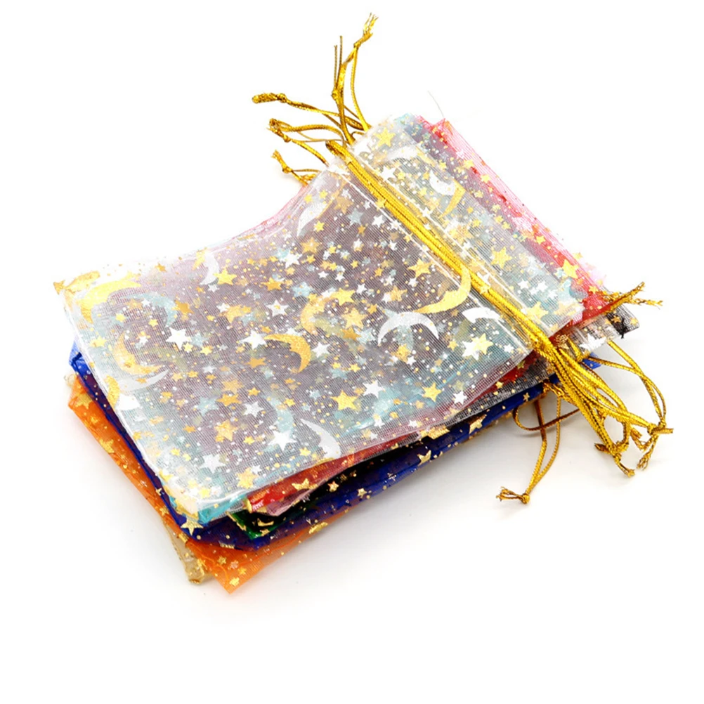 

100Pcs Drawstring Gift Gauze Bags Gold Stamping Star Moon Design Multi-Purpose Candy Snack Jewelry Storage Party Favors