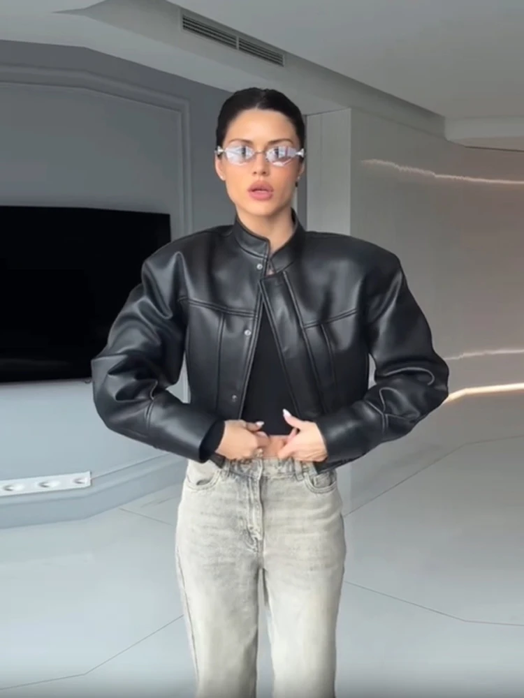 سترة نسائية كلاسيكية من الجلد الصناعي بقصة ضيقة لراكبي الدراجات النارية من البولي يوريثان سترات بسحاب مناسبة للربيع والخريف معطف منفوخ أساسي ملابس خارجية للشارع #2