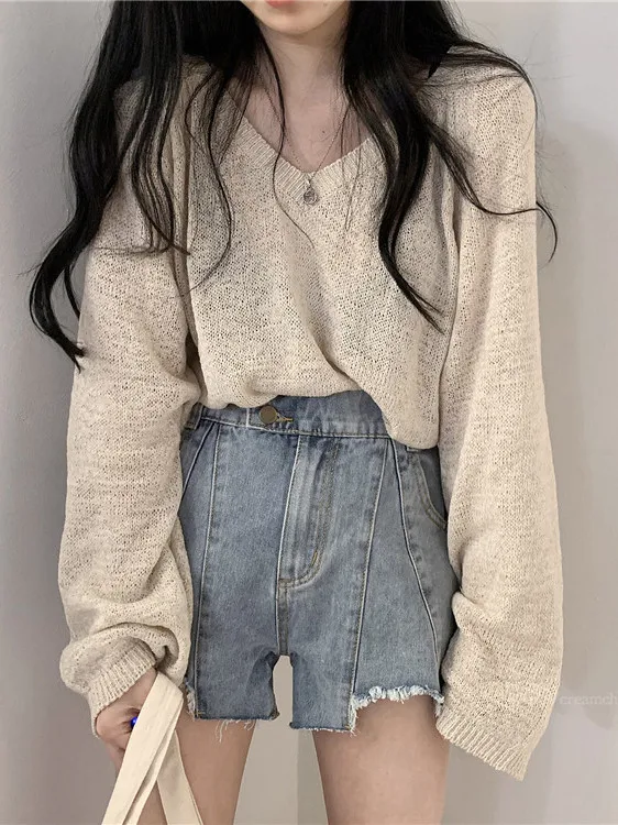 Soft Style Knitted V-Neck Loose Women's Top Elegant Slimming Spring Autumn Casual Fashion Commute Style Long Sleeve Crew Neck