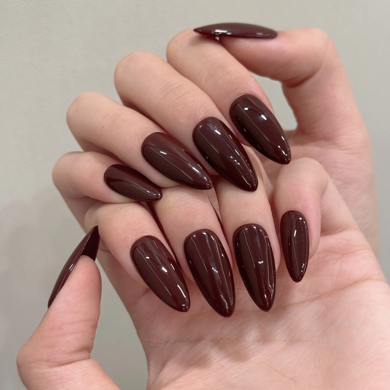 10pcs Handmade Solid Color Almond Press On Nails Reusable Dark Brown False Nails Wearable Women Finger Toe Ins Manicure Art Kit view 3