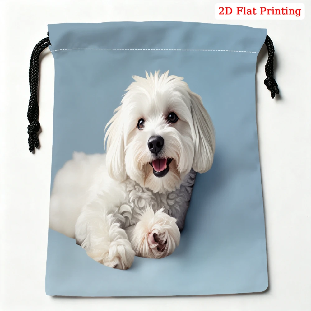 1pc Cute White Dog Drawstring Bag Light Blue Puppy Print Storage Small Pouch For Travel Cosmetics Jewelry Organization Pet Lover