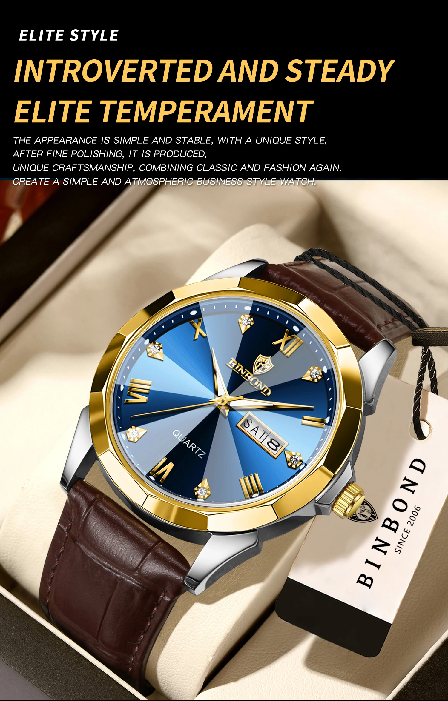 BINBOND Original Auto Date Week Display Men's Watch Reloj Hommes Leather Quartz Watches For Men Luxury Luminous Waterproof +Box