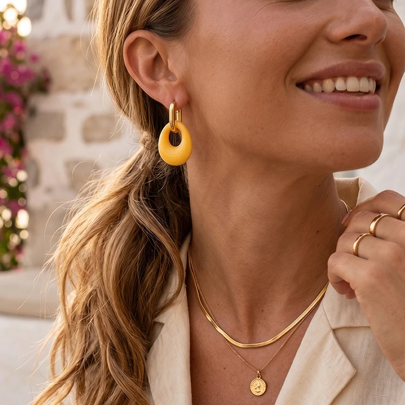Colorful Hollow Resin Water Drop Dangle Earrings for Women Simple Elegant Stainle Steel Hoop Earrings Daily Casual Jewelry