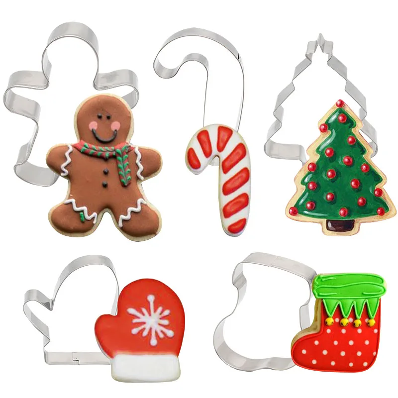 5Pcs Christmas Cookie Cutter Set Gingerbread Man Xmas Tree Biscuit Mold Stamp 2024 Christmas Party New Year Baking Accessories