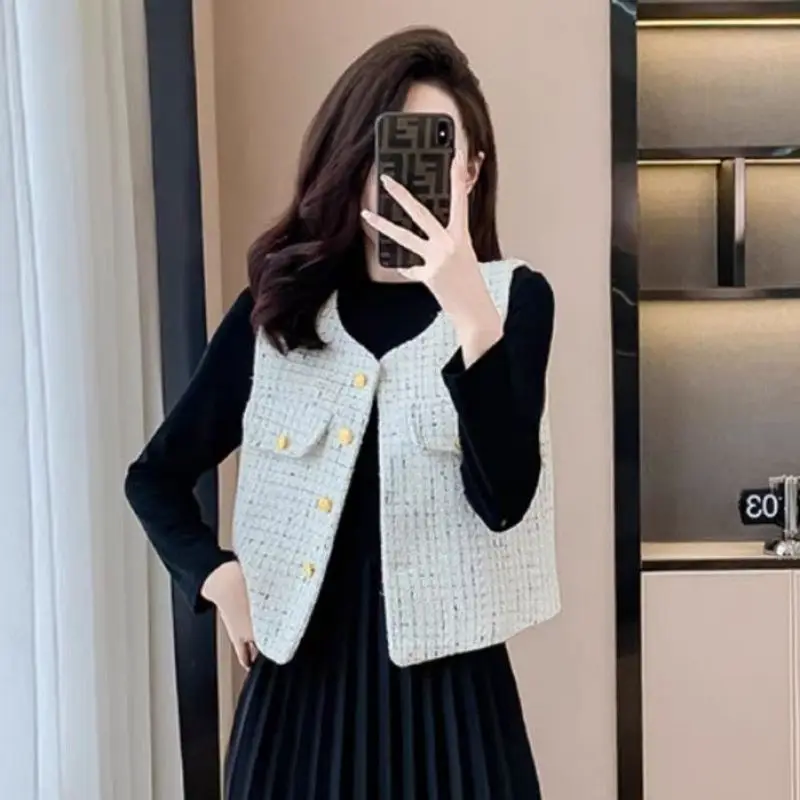 Women Autumn Winter Black Dress Vest Matching Set Korean Office Lady Graceful Tweed Tank Coat Knit Patchwork Dresses Outfit 2023