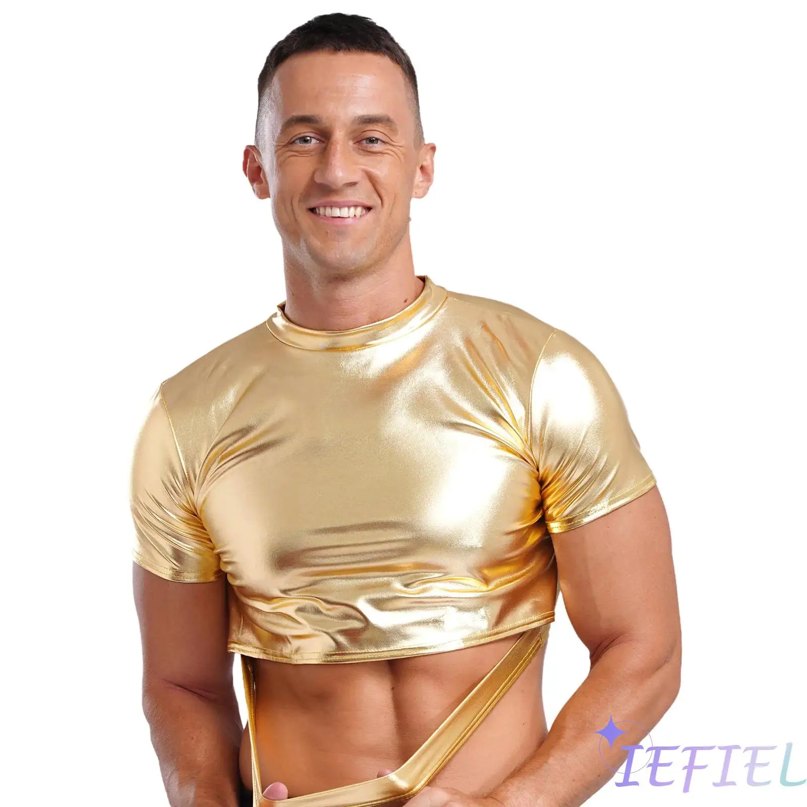 Mens Shiny Tops Holographic Metallic Slim Crop Top Jazz Disco Clubwear Festival Dancewear Cut Out Bodycon Top Blouses Tee Shirt