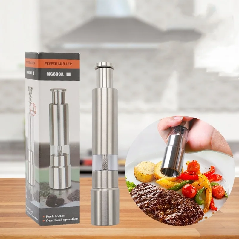 Stainless Steel Salt and Pepper Grinder Thumb Push Button for  Hand Operation Thumb Press Grinder Peppercorns Sea Salt Spices