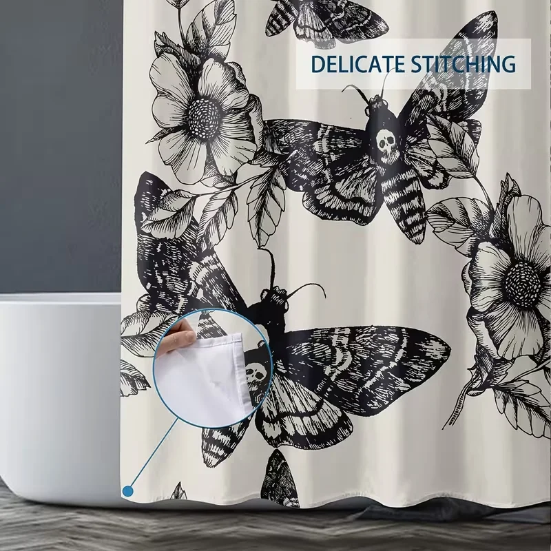 

VIKAMA Gothic Skull Death Moth Shower Curtain - Black and White Cream Floral Skull Pattern, Waterproof and Mildew-Resistant
