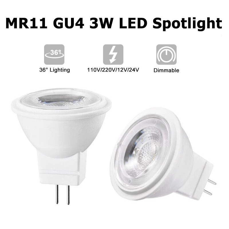 2pcs/lot Mini MR11 GU4 3W Spotlight 110V 220V 12V 24V LED Light 2700-6000K Dimming White LED Bulbs For Bedroom Living Room