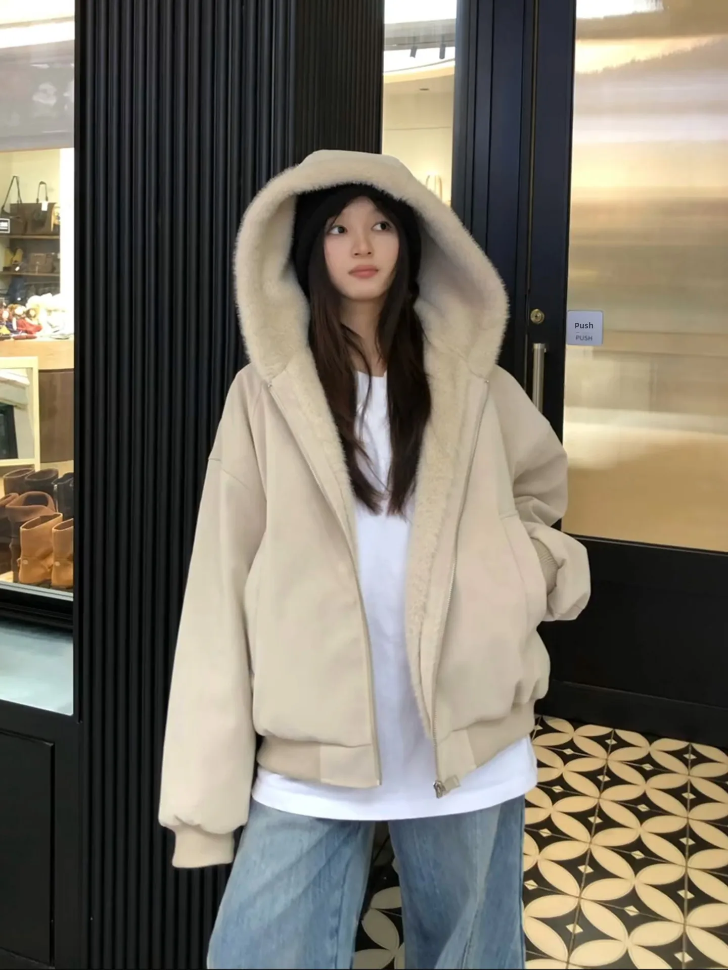 

American Sle PU Leather ort Jaet Men's Winter Thiened Warm Cotton Coat with Fur Collar And Hood Youth Faion