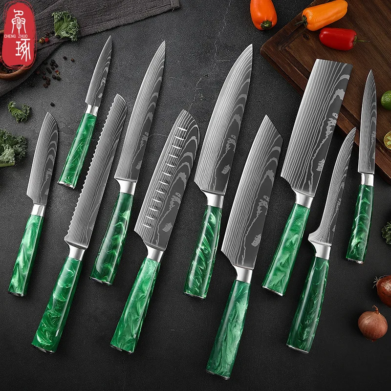 Damascus Kitchen Knives Set Professional Chef Knife 7CR17 Steel Fruit Boning Knife Japanese Santoku Salmon Knife Resin Handle