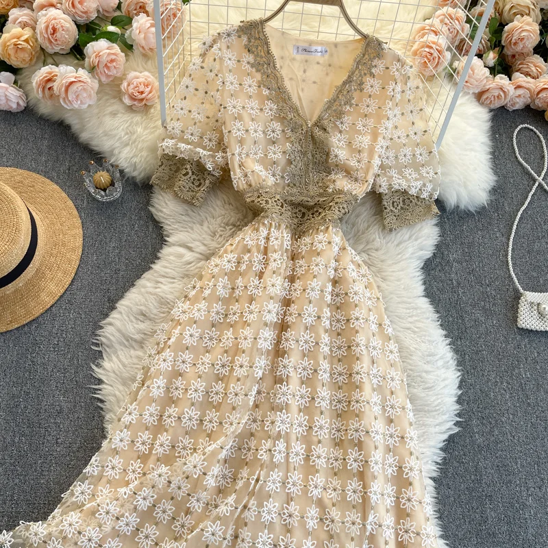 Fashion 3D Flower Lace Embroidered Dress Summer 2023 Short Sleeve A Line Midi Long Dresses Women Holiday Party Vestidos