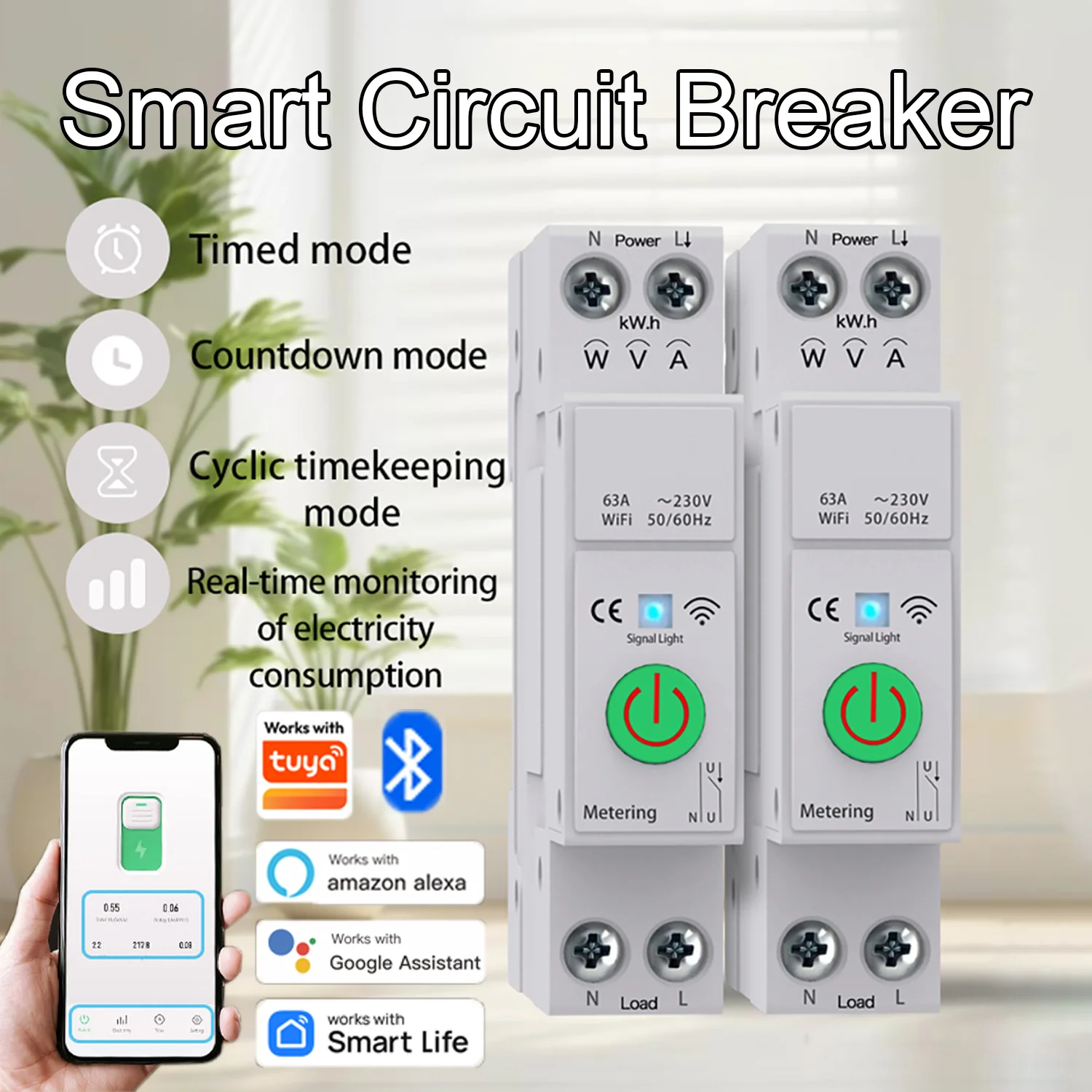 

Tuya WiFi Smart Circuit Breaker 1P+N 63A Timer Power Energy Meter kWh Relay Voltage Current Protector APP Remote Control Switch