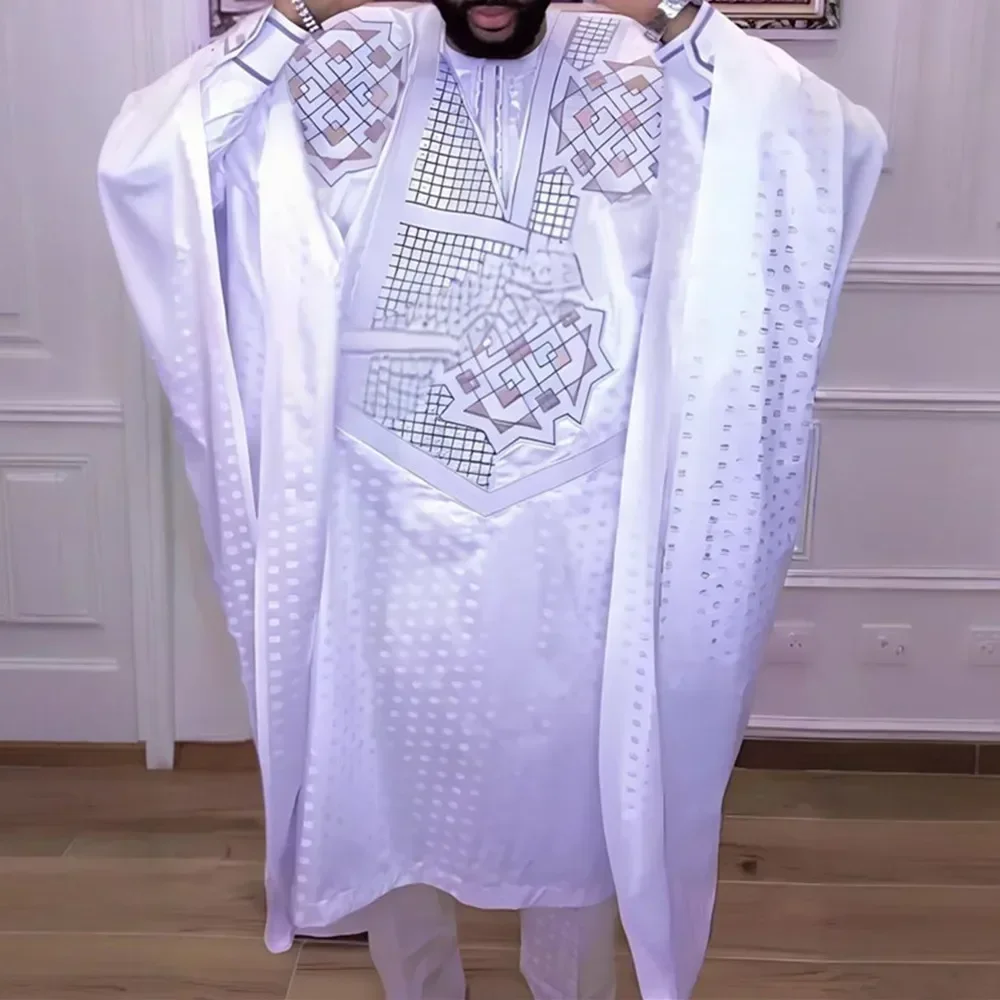 3点セットのアフリカの男性用服、ダシキ伝統衣装、ローブ刺繍トップス、パンツスーツ、バジン、ムスリムの結婚式やパーティー用の服