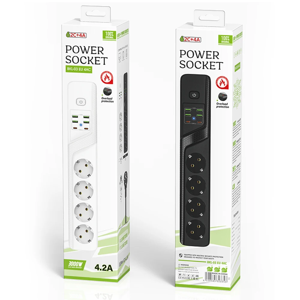 Presa di corrente europea da 3000W con interruttore ciabatta USB con protezione da sovraccarico prolunga spina europea presa di prolunga da 2m