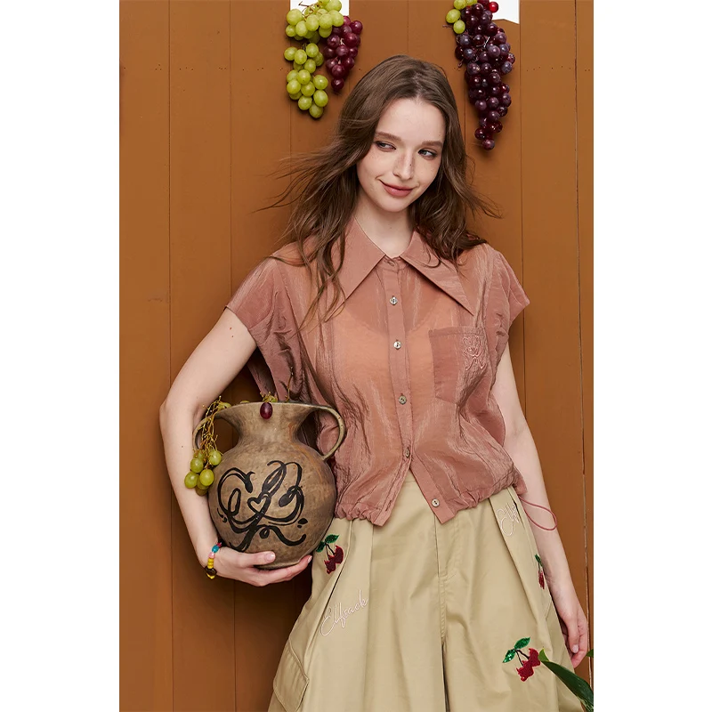 ELFSACK Women's Cropped Sheer Blouse with Embroidery, Cap Sleeve Drawstring Waist Shirt, Bohemian Casual Top for Summer