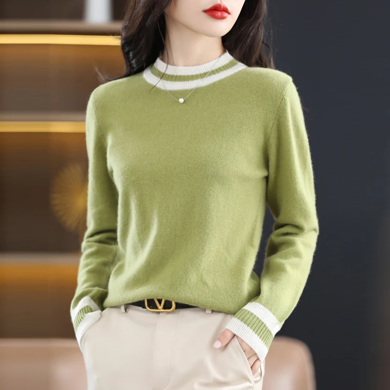 Autumn and winter% sweater ladies new round neck color matching long sleeve fashion classic knitted pullover