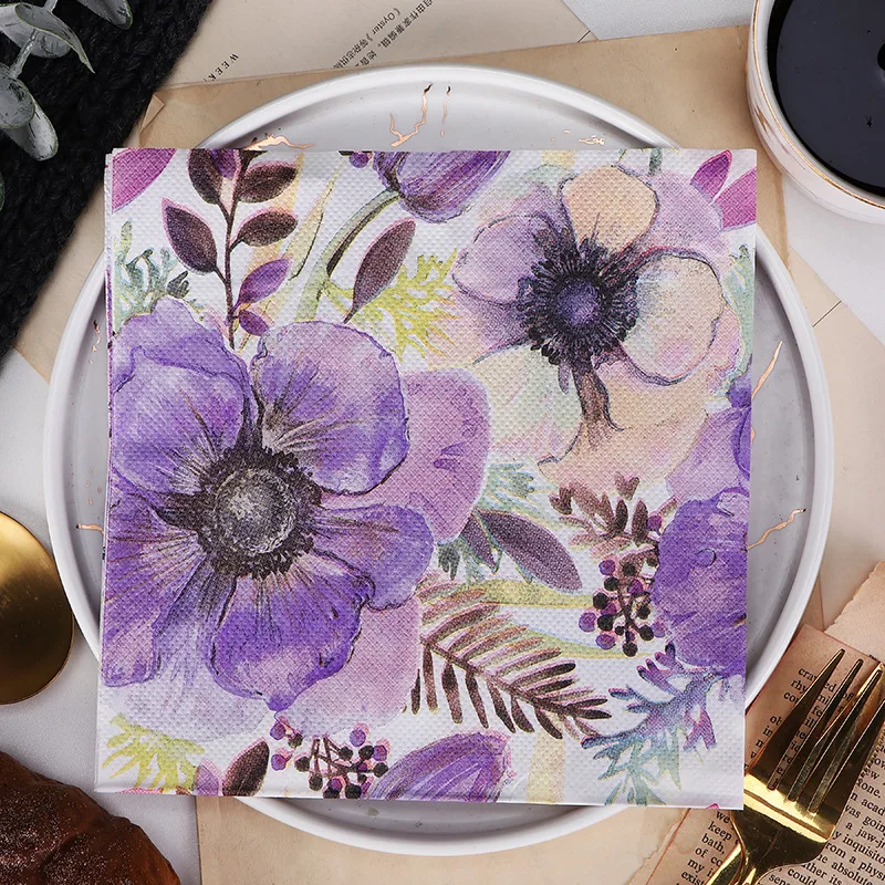 New Purple Flowers Wedding Colourful Napkins Printed Paper Napkins Wedding Decoration Supplies Paper Placemat 20pcs/pac 2-Ply