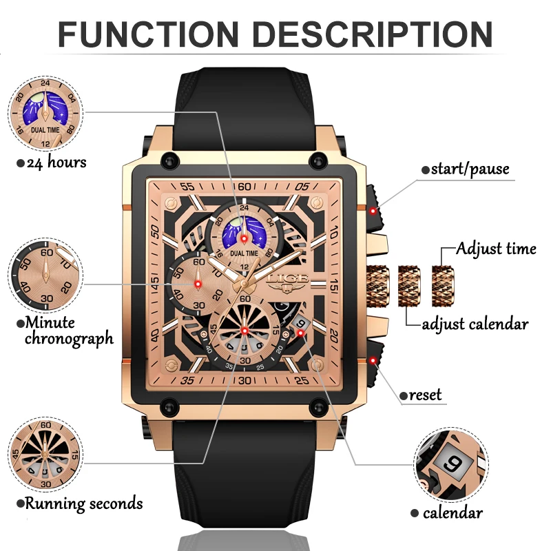 LIGE Square Watches For Men Top Brand Luxury Waterproof Watch Men Casual  Military Chronograph Quartz Men Watch Montre Homme+BOX