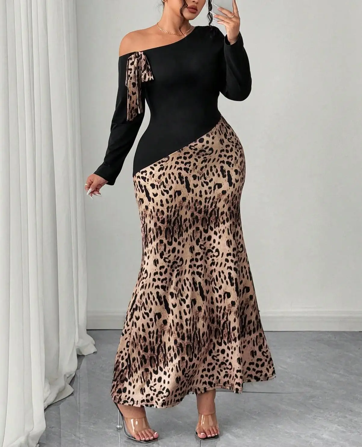 

Plus size women's asymmetrical neck bow trim leopard print autumn long-sleeved dress