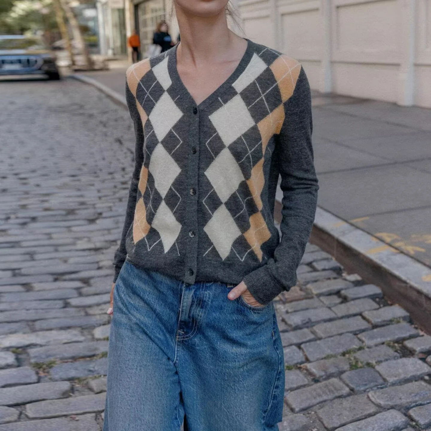 

Z женское вязаное повседневное пальто с ромбовидным узором, новинка 2023 года Faion Ele Long Sve V-Ne, кардиган на пуговицах, осенняя одежда