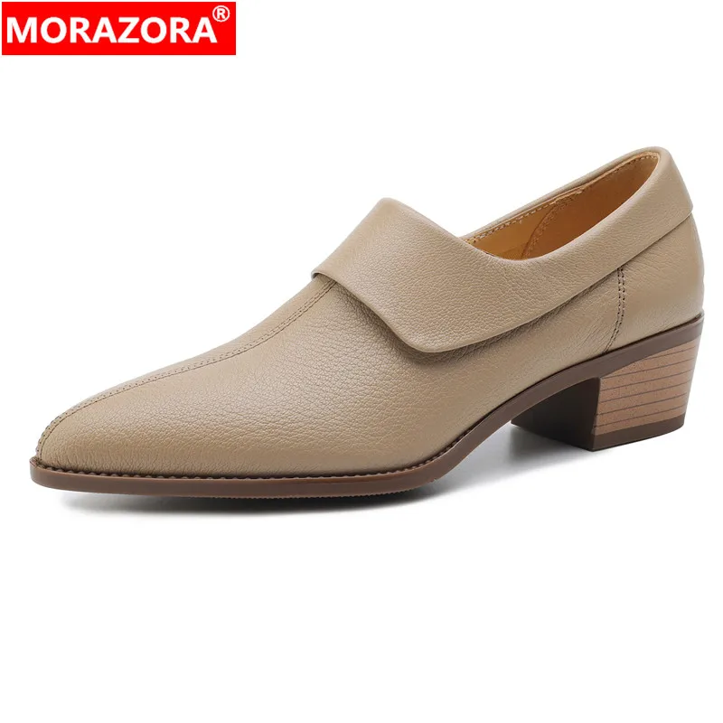 

MORAZORA Hot Cow Genuine Leather Shoes Women Pumps Zipper Chunky Heels Elegant Ladies Office Dress Shoes Party Footwear