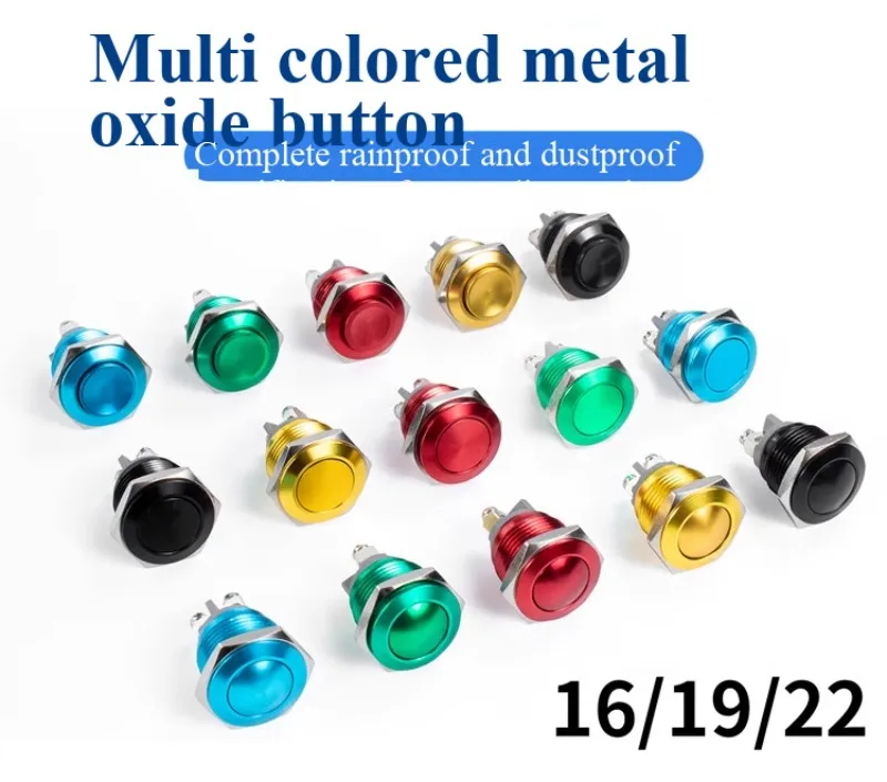 16-mm-Metalltaster, vollständig oxidierte Schrauben, gelötete Anschlüsse, in verschiedenen Farben erhältlich, selbstrückstellend und mit Impulsfunktion. – Detail 2