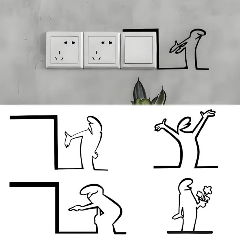 【TG】Minimalist La Linea Switch Sticker Cartoon Character Power Switch Decal Line Drawing Design Wall Decor For Home Office Cafe