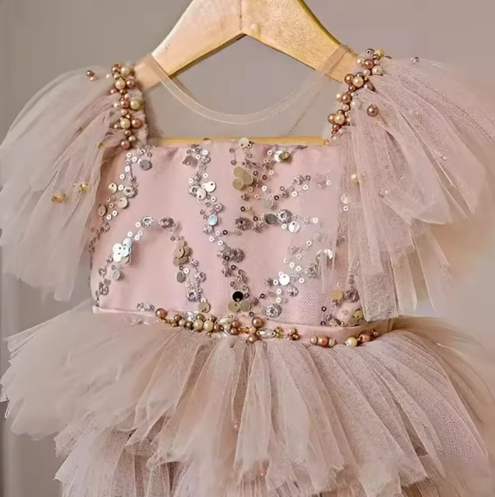 

2025 Trendy Girls' Princess Dresses Gown Sparkling Sequined Sleeveless Layered Tulle Special Events Dress with Charming Bow