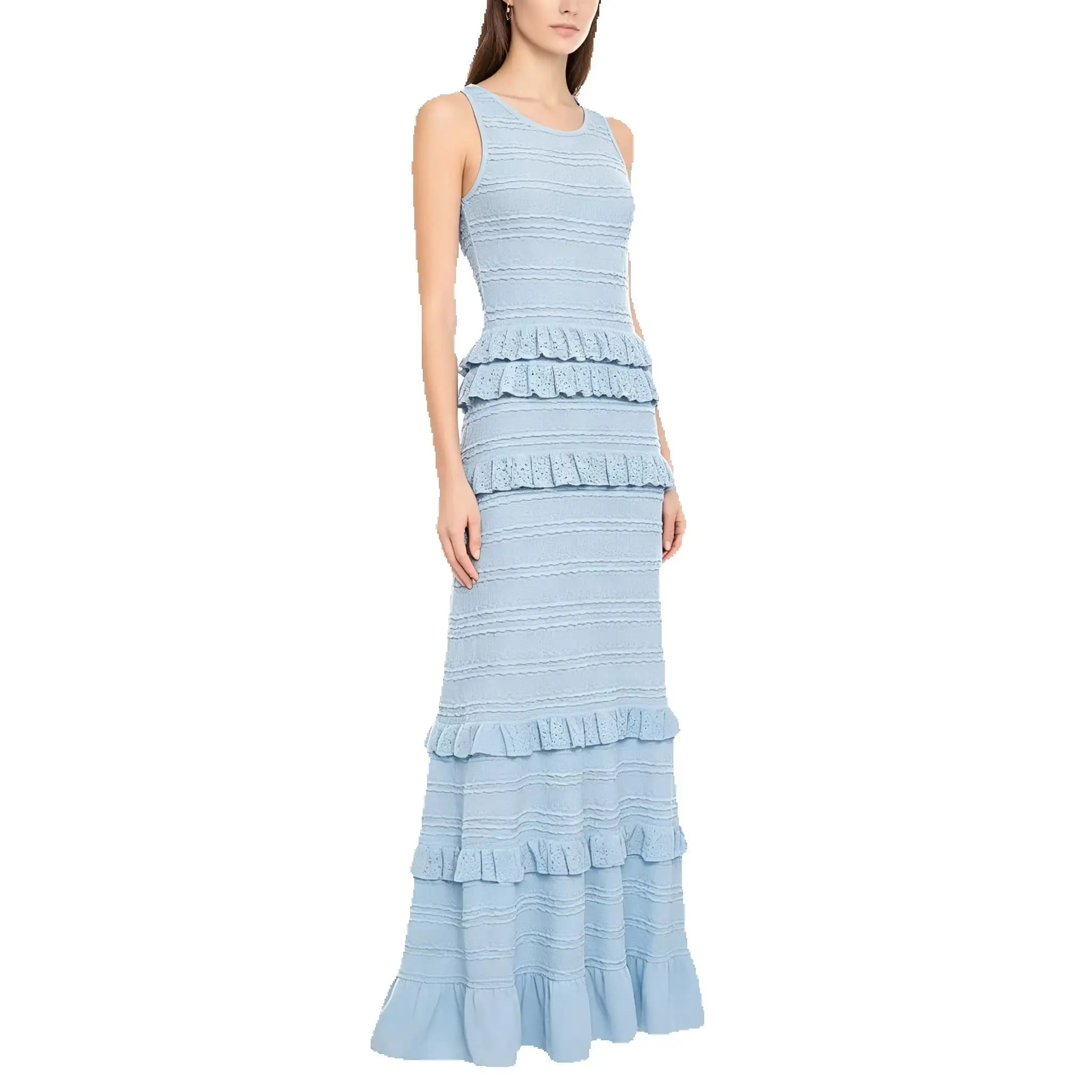 Three Colors Of High-quality Summer New Solid Color Elastic Knitted Fungus Lace Slim Fit Sleeveless Suspender Long Dress