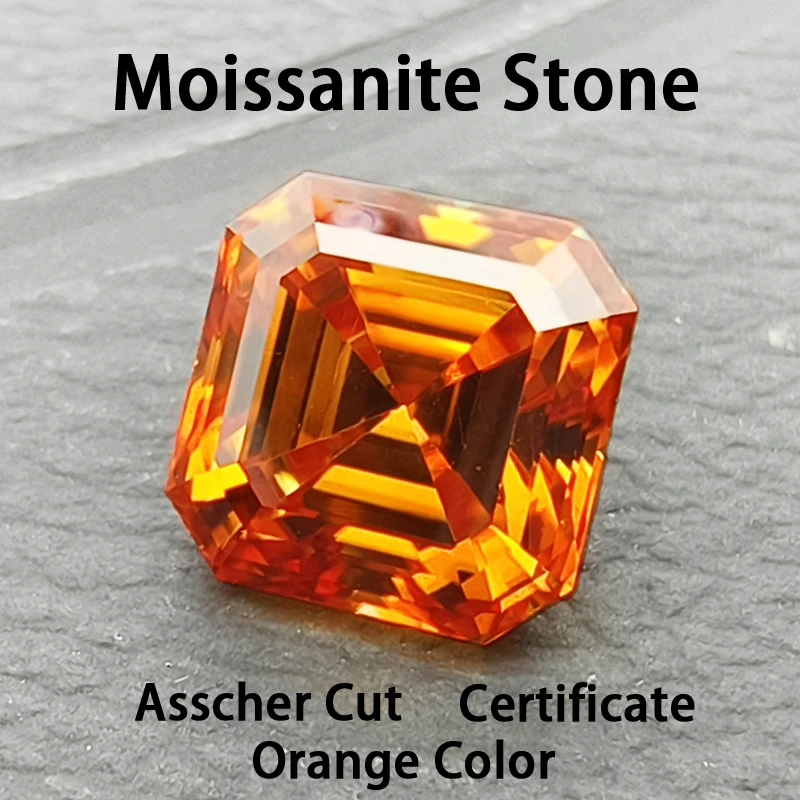 Moissanite Stone Asscher Cut Orange Color VVS1 DIY Ring Necklace Earrings Main Materials Passed Diamond Tester GRA Certificate