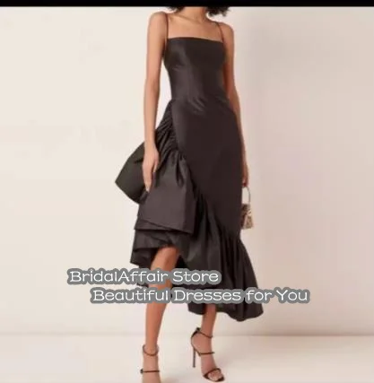 Robe de soirée noire à volants, robe de soirée en velours, bretelles Spaghetti, longueur latérale asymétrique, robe de bal moderne