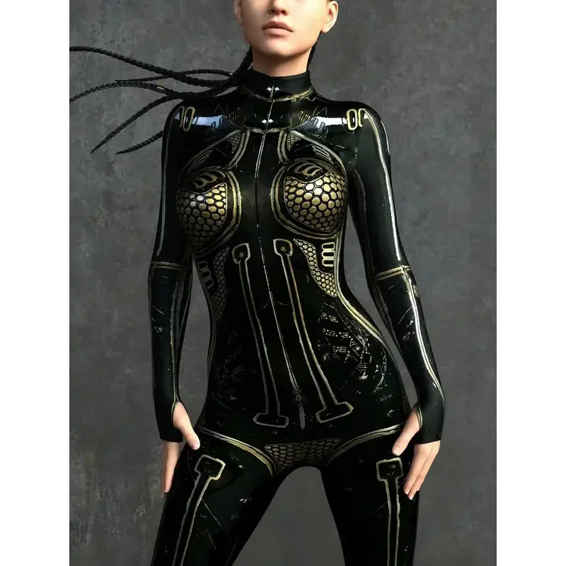 بدلة Catsuit الميكانيكية CyberPunk بدلة نسائية بسحاب Zentai ثلاثية الأبعاد بدلة الهالوين أزياء حفلات الألعاب النسائية التأثيرية