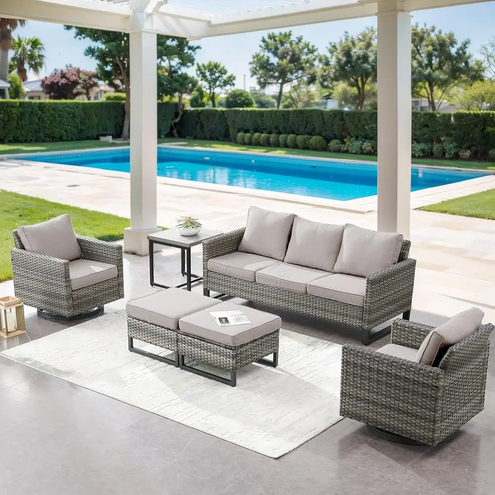 

6-Piece Outdoor Wicker Patio Furniture Set with Swivel Rocking Chairs, Side Table, 3-Seat Sofa, Ottomans - Grey/Beige