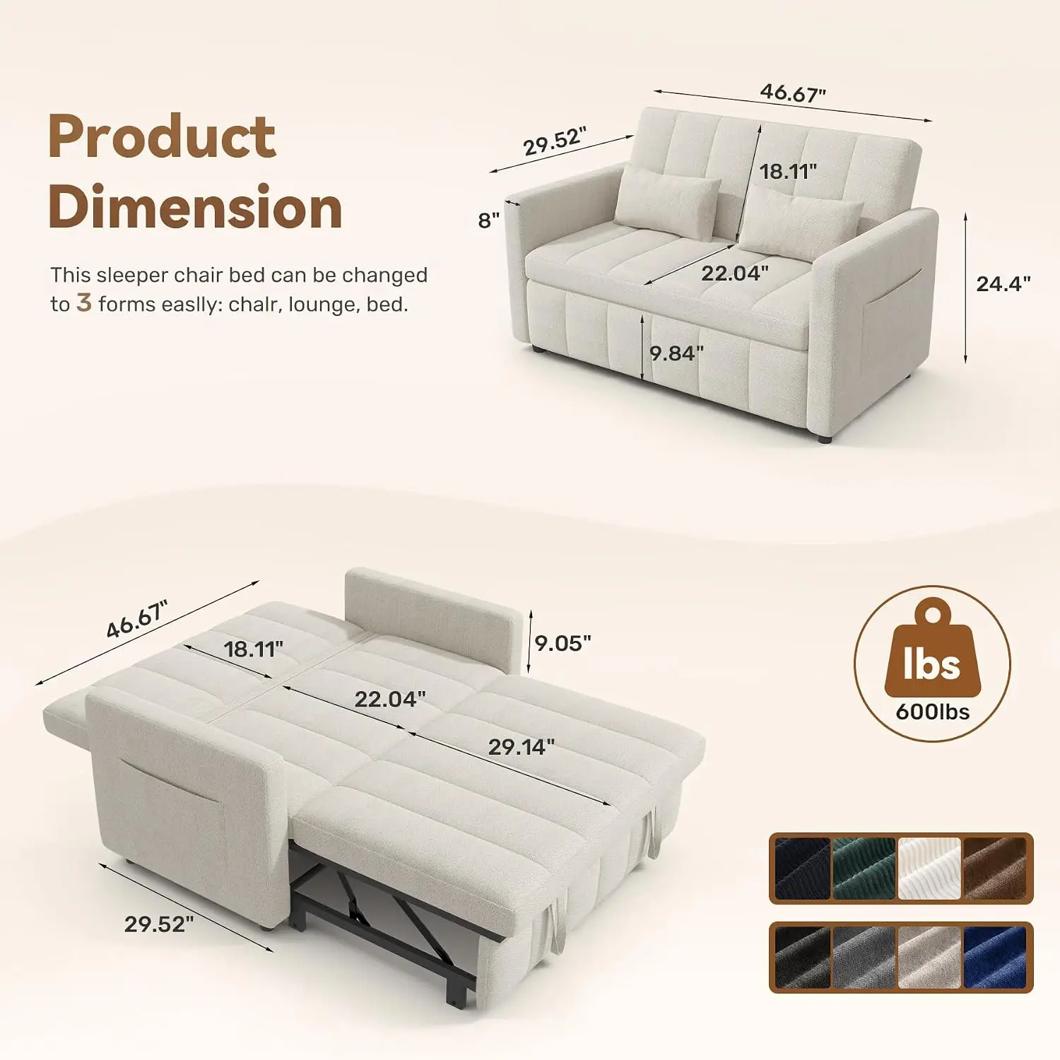Convertible Sofa Bed 3-in-1, Pull Out Sleeper Couch with Adjustable Backrest, Loveseat Sofa with Side Storage, Customized