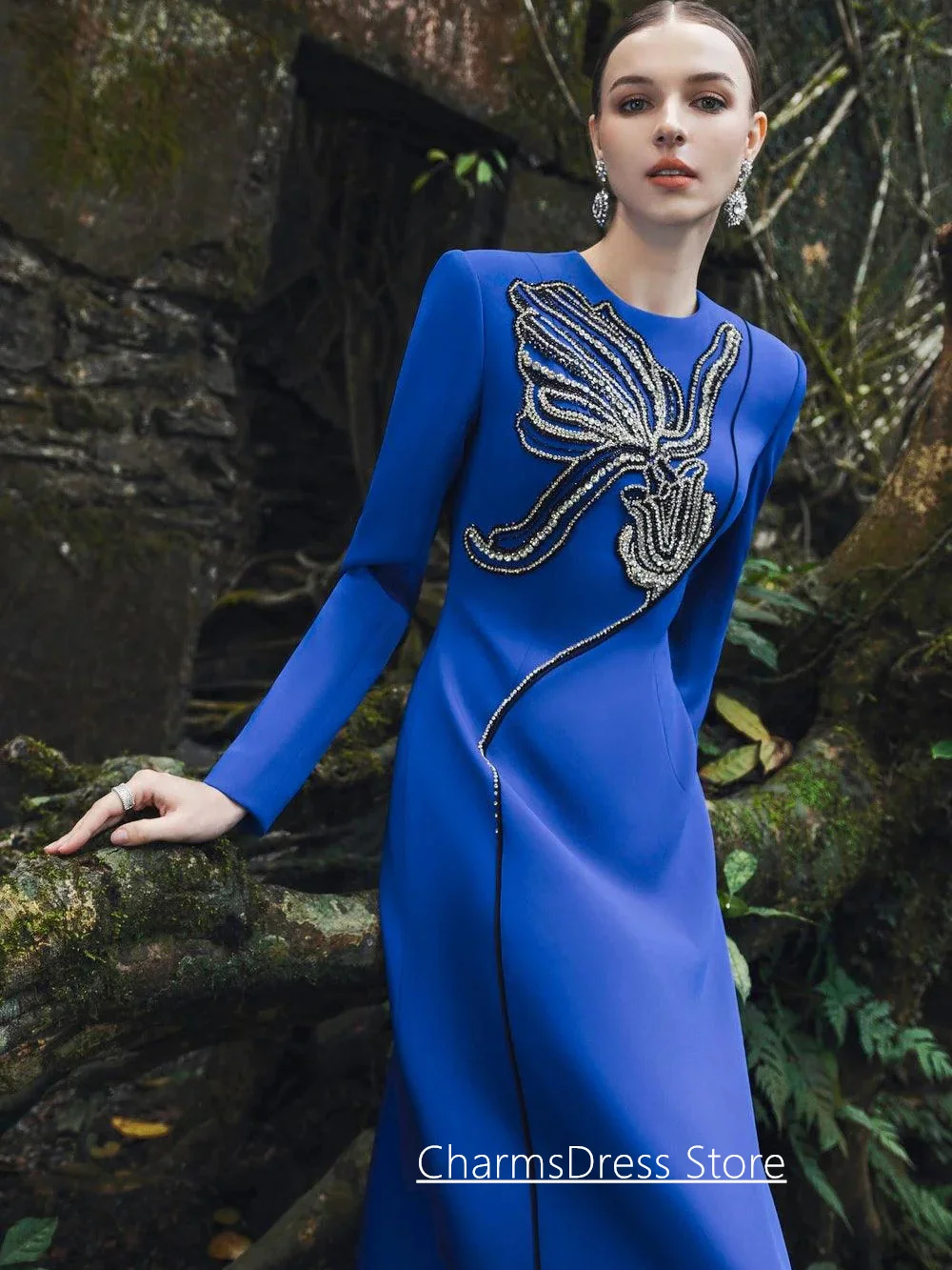 Nieuwe collectie koningsblauwe avondjurk op maat gemaakte lange mouwen ronde hals staaflijst een lijn Arabische feestjurk galajurken