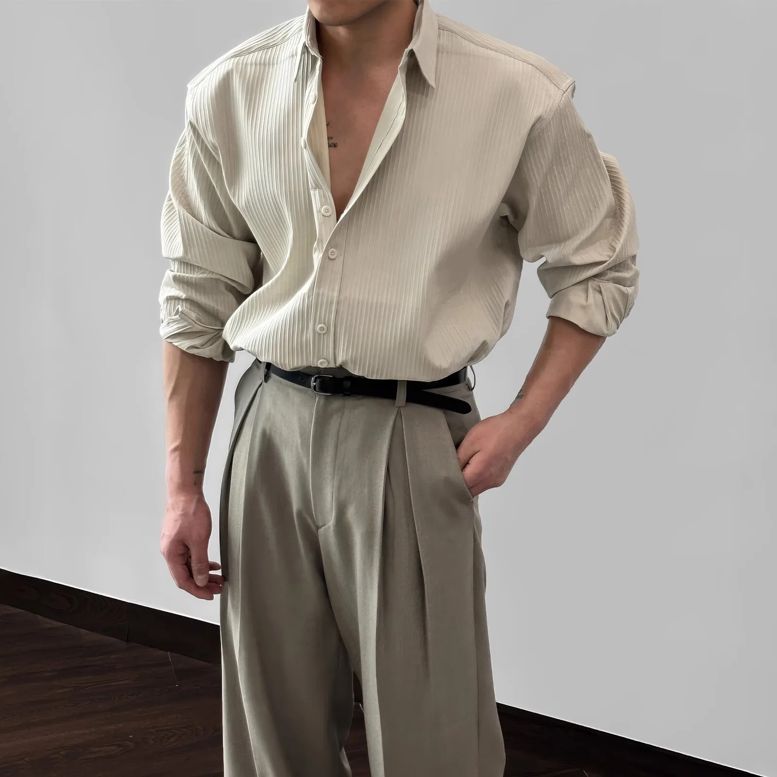 

Мужские рубашки, осенне-весенняя мужская однотонная деловая рубашка с длинными рукавами, вертикальный стильный свободный топ для взрослых, устойчивый к морщинам