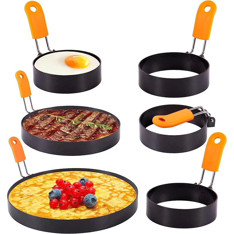 Professional Egg Rings Pancake Mold Set Set Stainless Steel Fried Egg Ring Griddle Pancake Shapers with Silicone Handle