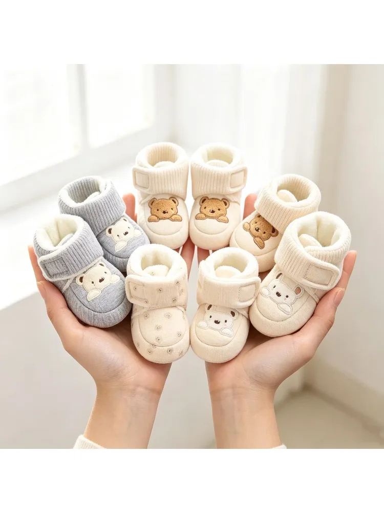 Winter-Baumwollschuhe für Neugeborene 0-1 Jahr Alte Jungen und Mädchen Baby Cartoon Teddybär mit Plüsch Warme Laufstiefel – Detail 2