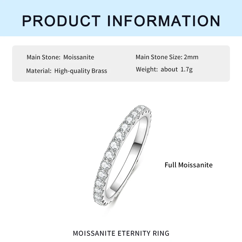 IOGOU 2MM D-Farbe VVS1 Voll-Moissanit-Bandringe Funkelnder Labor-Imitationsdiamant Stapelbarer Eternity-Verlobungsring für Frauen – Detail 3