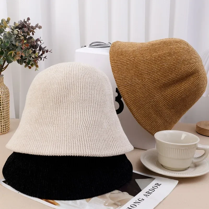 Knitted Fisherman Cap Autumn Winter Women Thicken Warm Cotton Panama Caps Casual Solid Color Foldable Bucket Hats Fashion Gifts