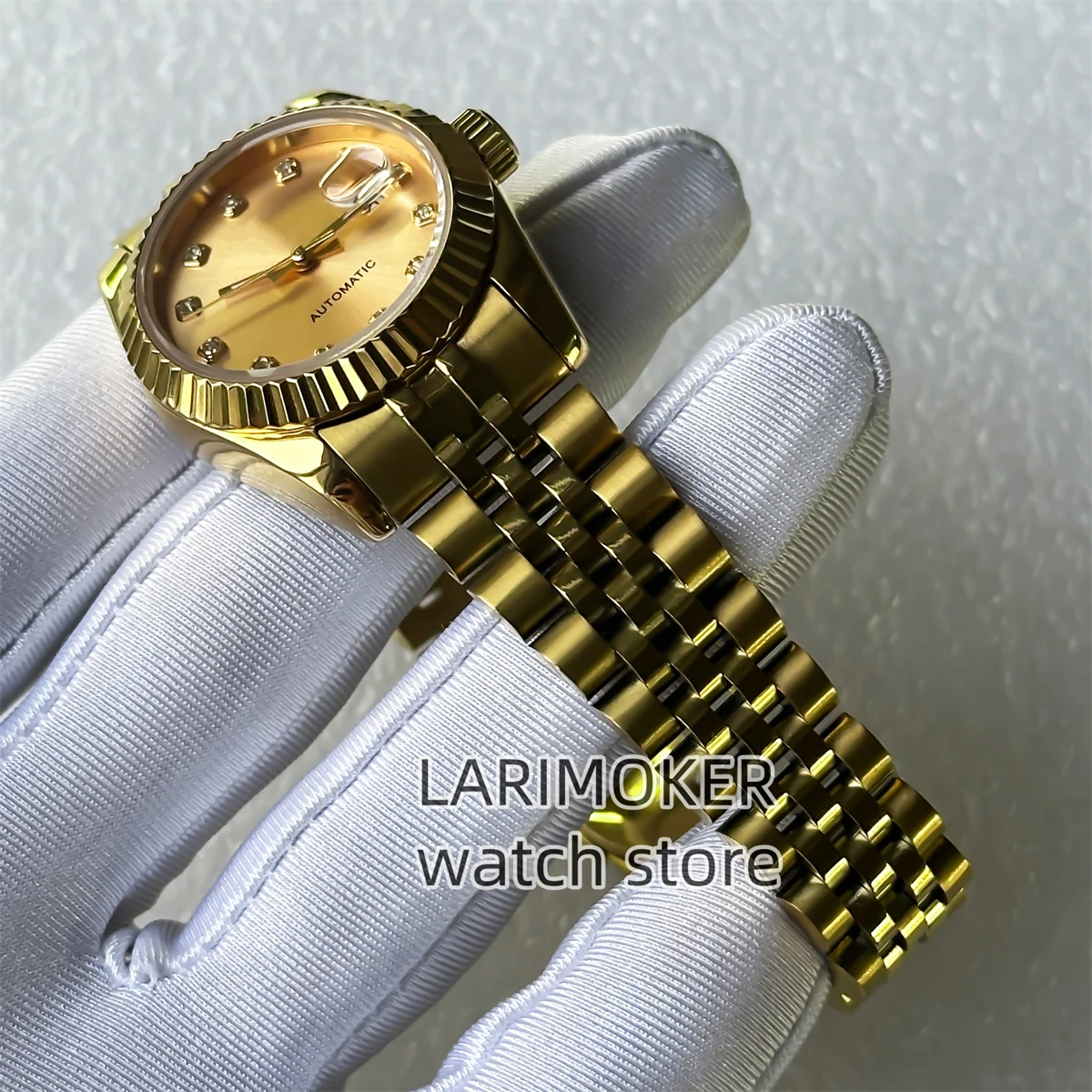 Reloj automático para mujer de alta calidad de 31 mm, caja de acero inoxidable de oro rosa de dos tonos, esfera blanca de nácar, fecha de tres puntos